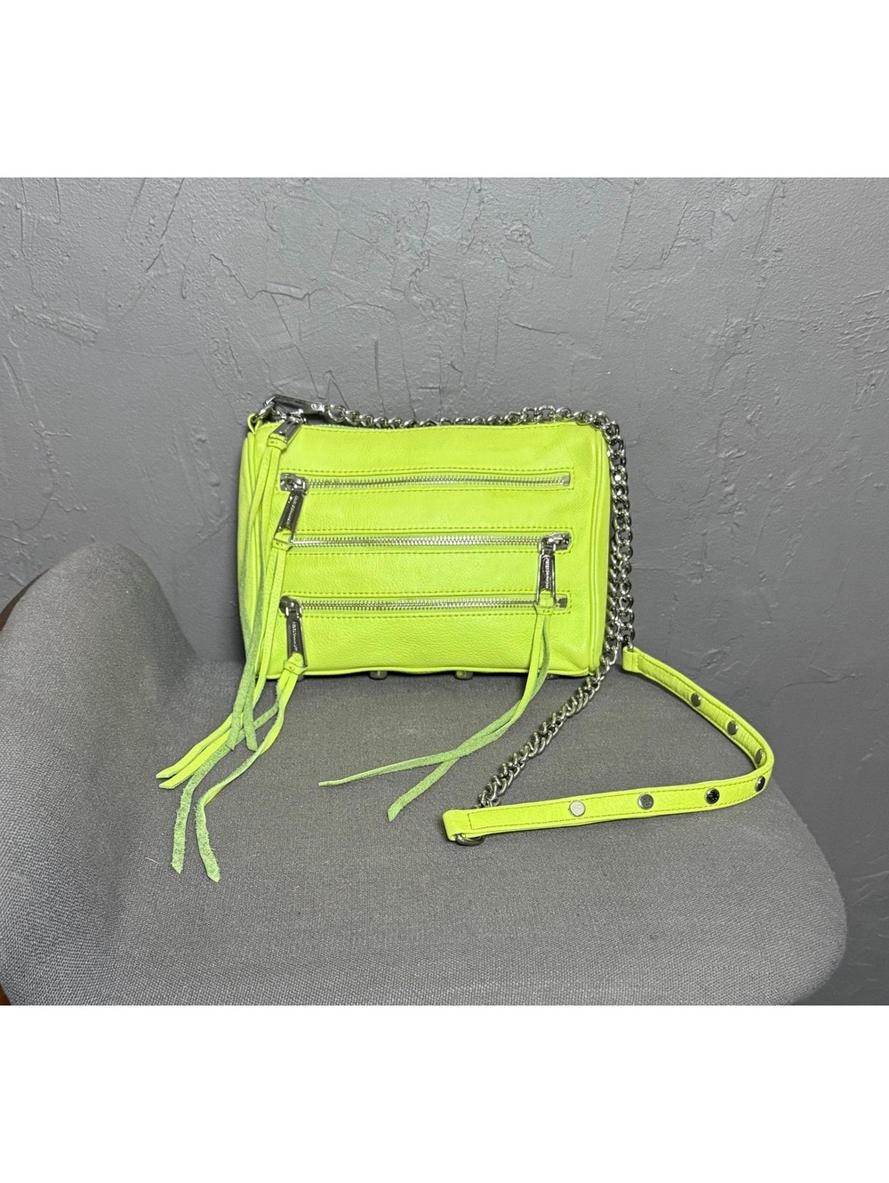 Y2K Acid Green Leather Crossbody Bag Chain Strap, Zippers, Tassels, and Studs
